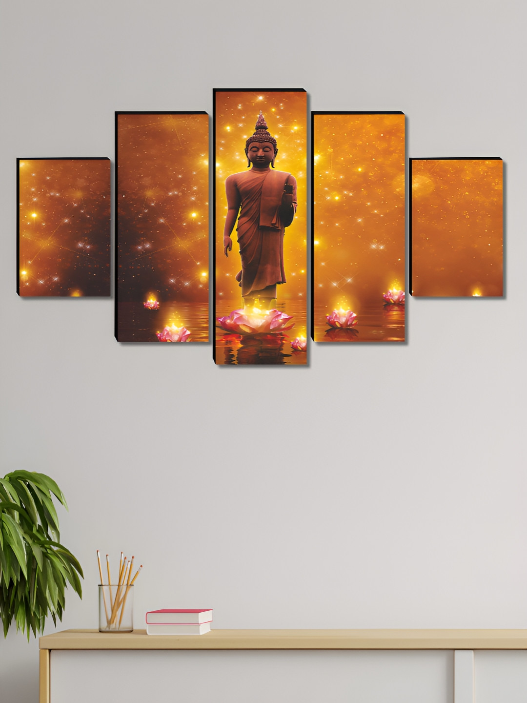 SAF Buddha Wood 5 Piece Wall Rectangle Paintings Wall Art
