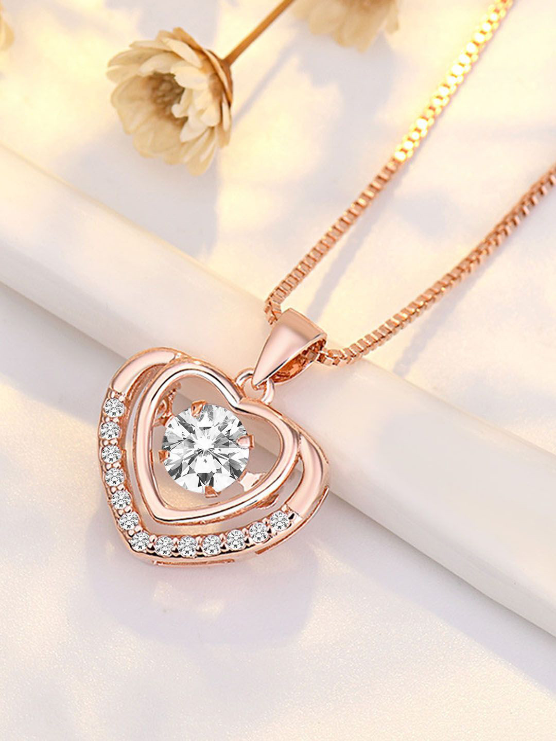Peora Rose Gold-Plated Cubic Zirconia-Studded Heart-Shaped Pendant With Chain