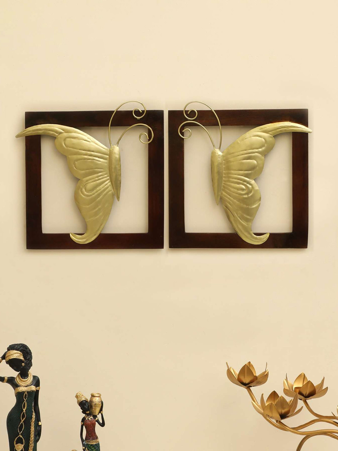 vedas Left Right Butterfly, W-Arya Metal Glossy Hanging Hall 2Pcs Wall Hangings-13.4In
