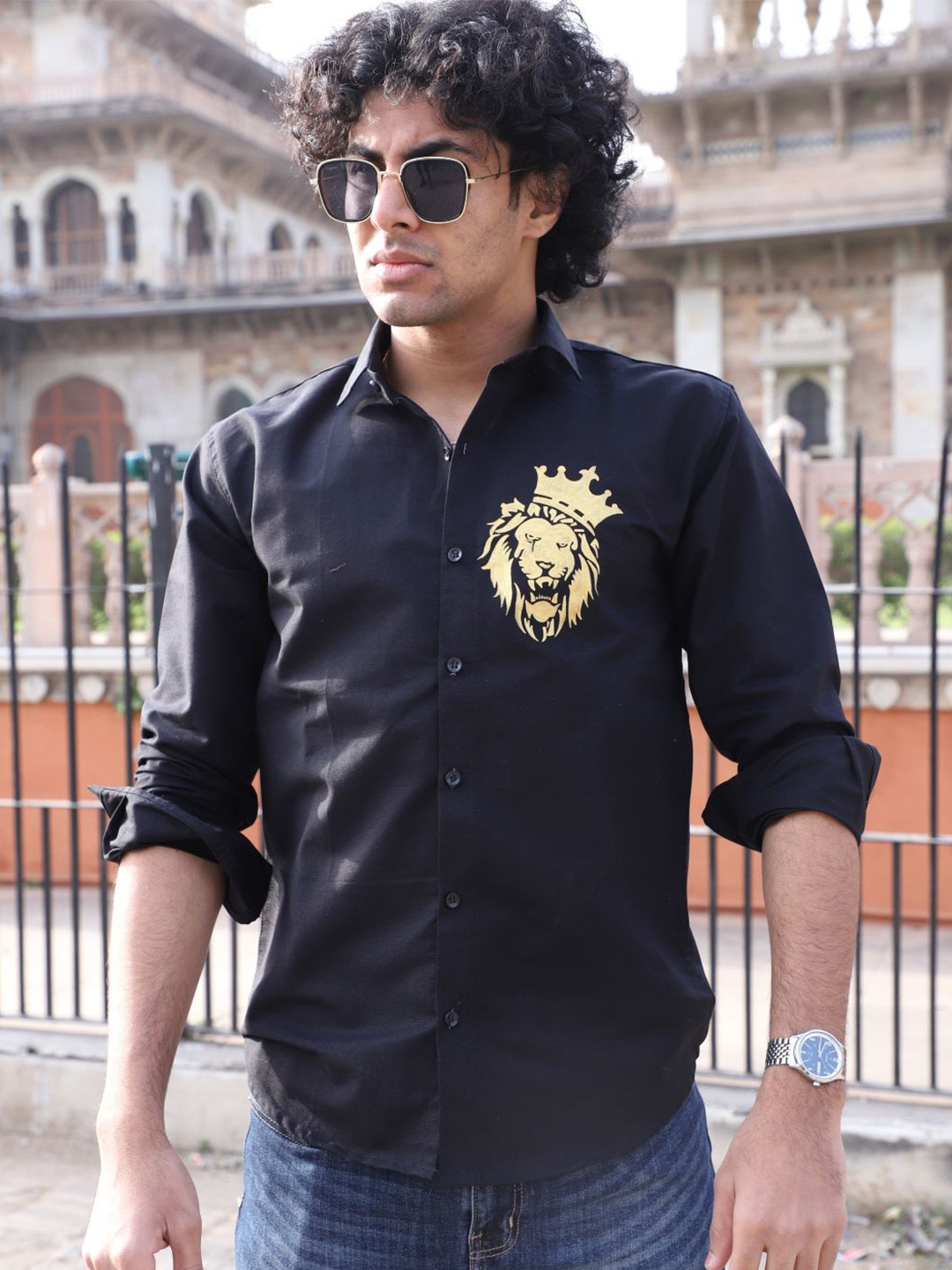 Who Wore Whhat Men Regular Fit Spread Collar Lion Printed Cotton Casual Shirt