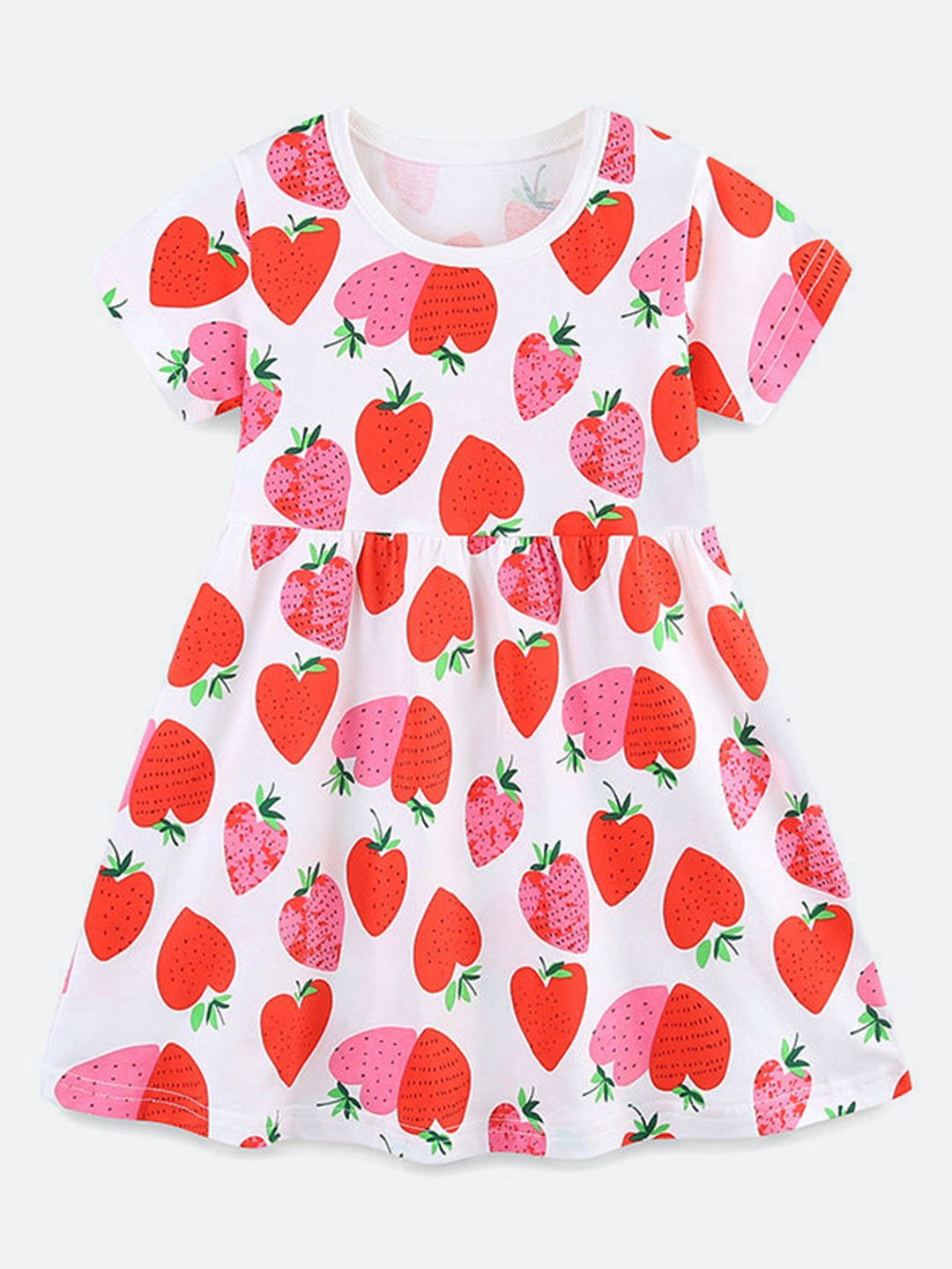 Oh Rare Girl Strawberry Print Round Neck Shorts Sleeves Knee Length Fit and Flare Dress