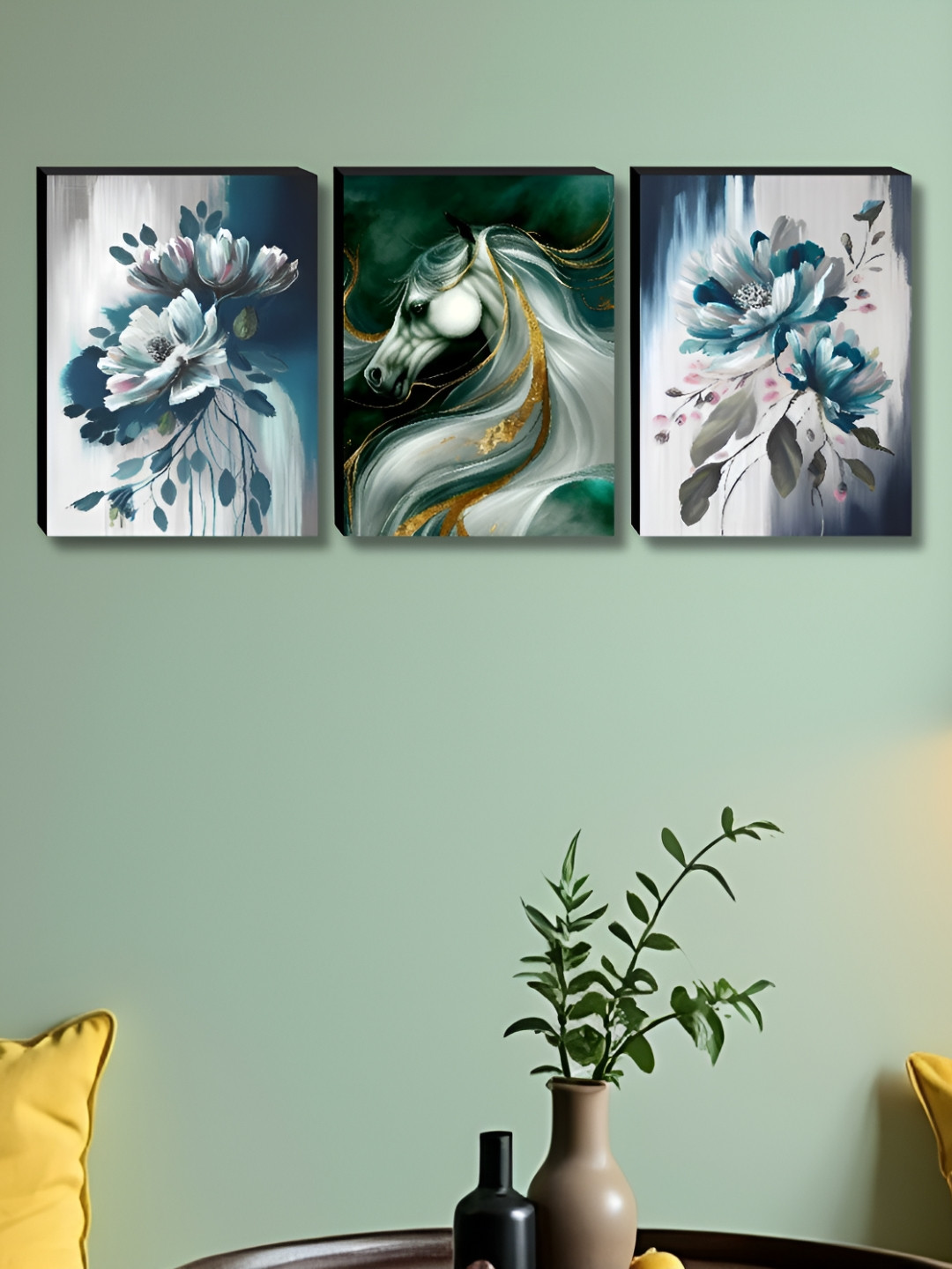 Aura Horse & Flower Wood 3 Piece Wall Rectangle Paintings Wall Art -27 x 12 In