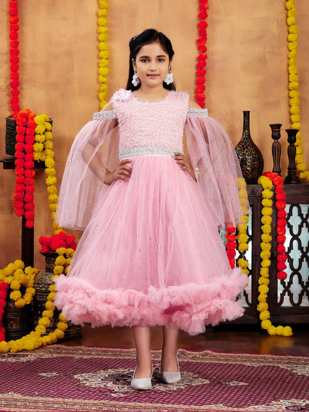 BAESD Girl Embellished Cold-Shoulder Ruffles Tulle Gown Midi Dress