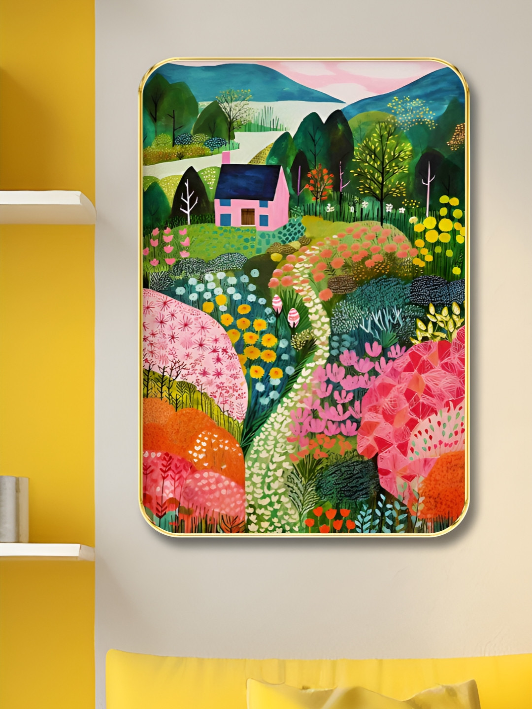 SAF Green & Pink Hut Printed Wooden Wall Art