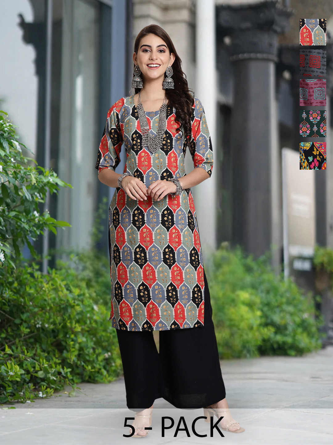 Moda Rapido Selection Of 5 Ethnic Motifs Printed Round Neck Straight Kurtas