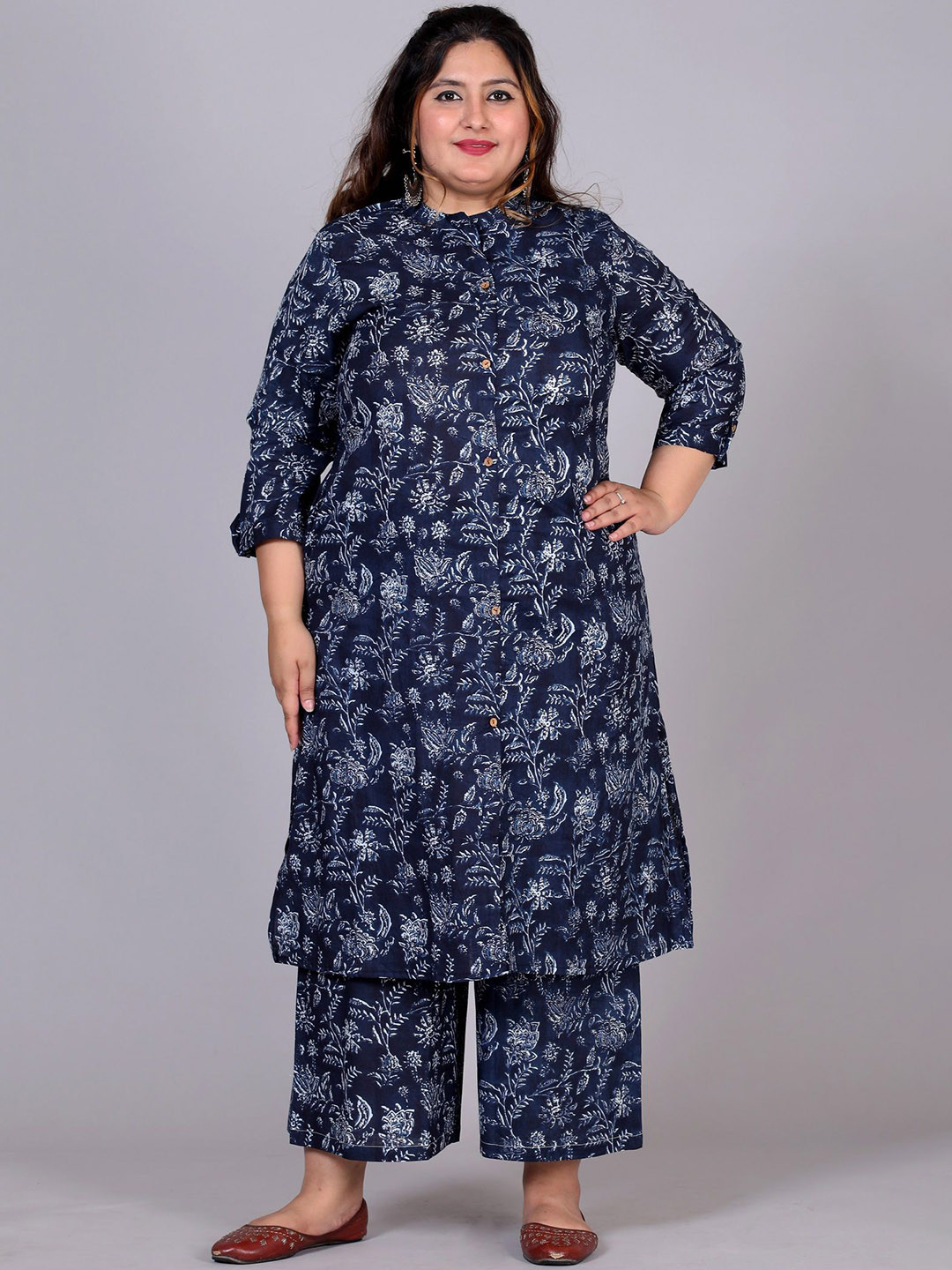 Gs Fashions Plus Size Printed Mandarin Collar Pure Cotton Tunic With Palazzo
