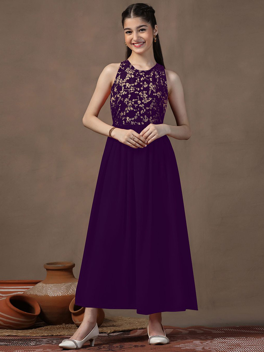 FASHION DREAM Girls Foil Printed Georgette Maxi Length A-Line Dress