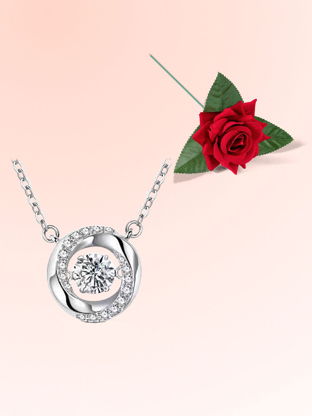 Peora Silver-Plated American Diamond Stones Studded Necklace With Chain And Red Rose