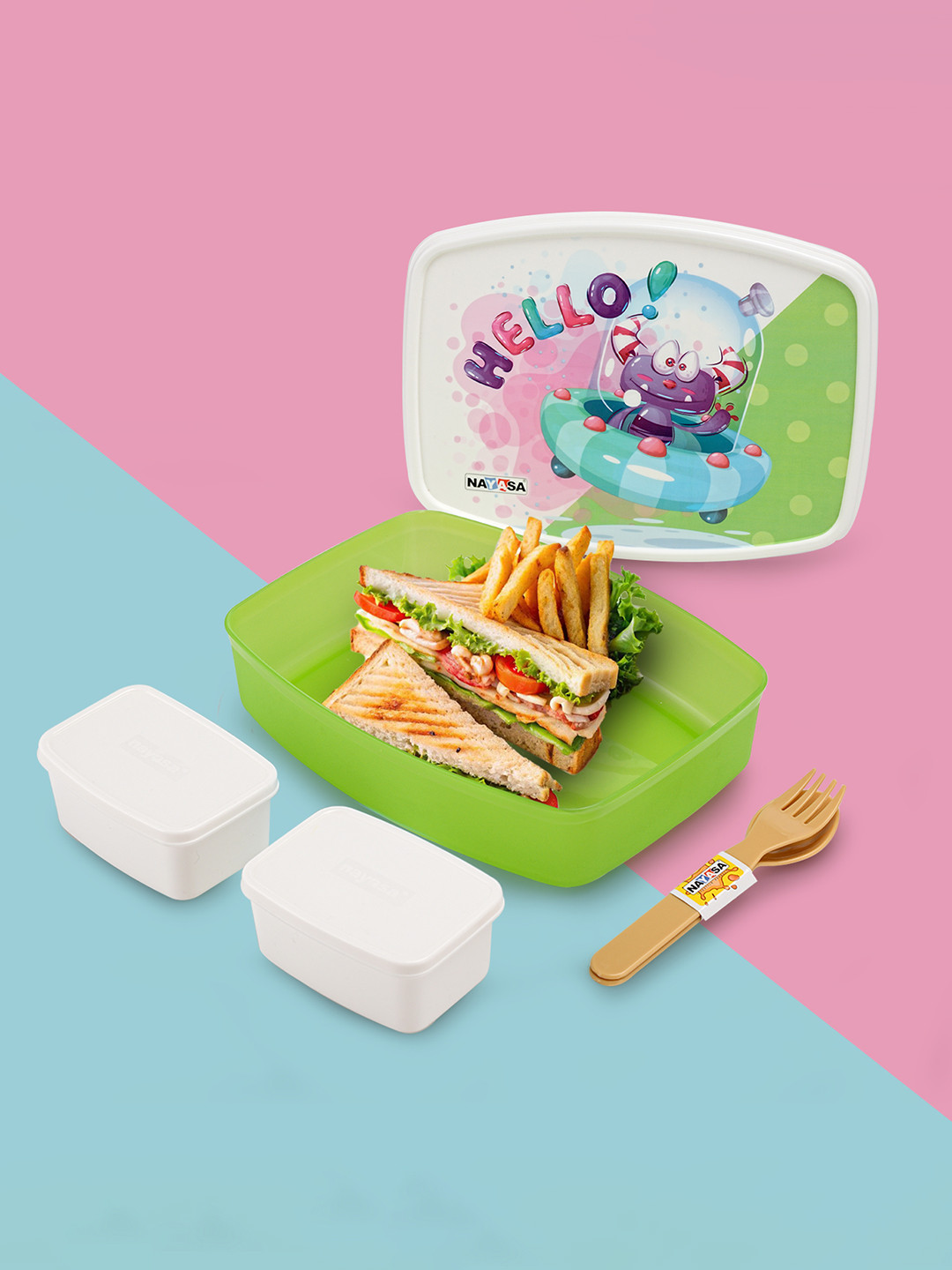 Nayasa Witty Deluxe Big Alien Spaceship Print 4PCs Lunch Box With Spoon and Fork