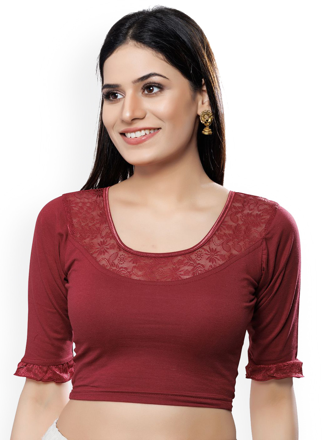 VAMAS - THE DESIGNER BLOUSES Embroidered Lace Detailed Round Neck Non-Padded Saree Blouse