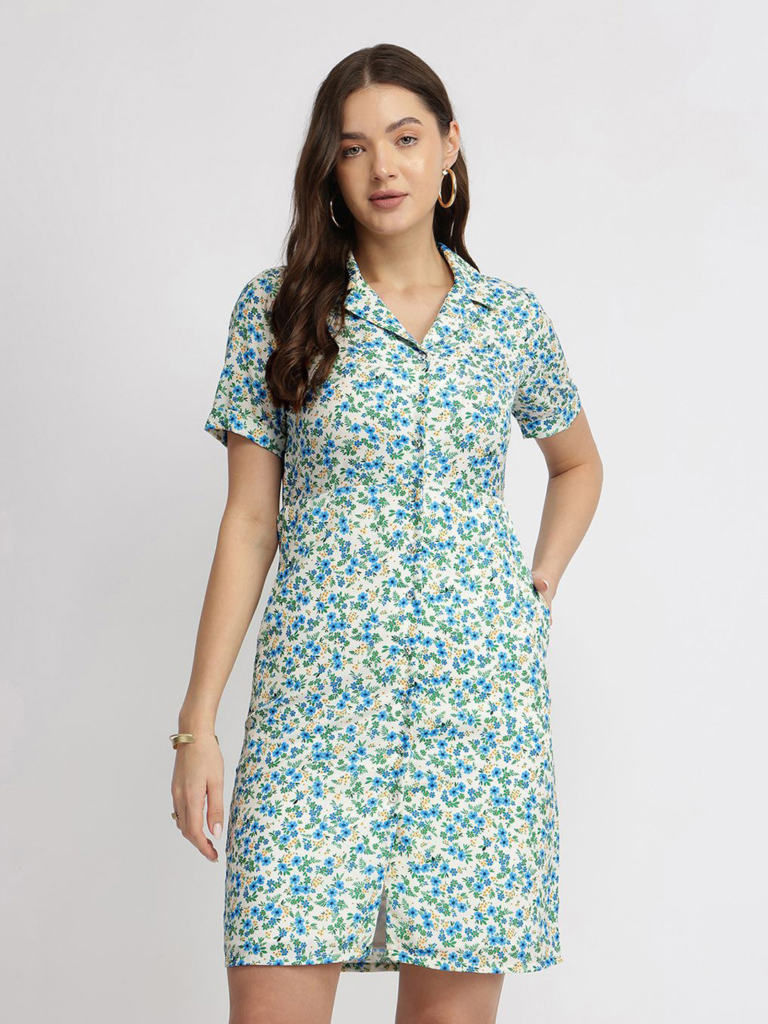 FableStreet Women A-Line Ditsy Floral Dress - Blue