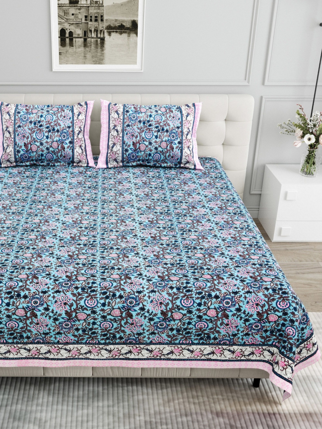 Urban Jaipur Elite Collection Blue Floral Cotton 186 TC King Fine Bedsheet with 2 Pillow Covers-274 x 254 cm