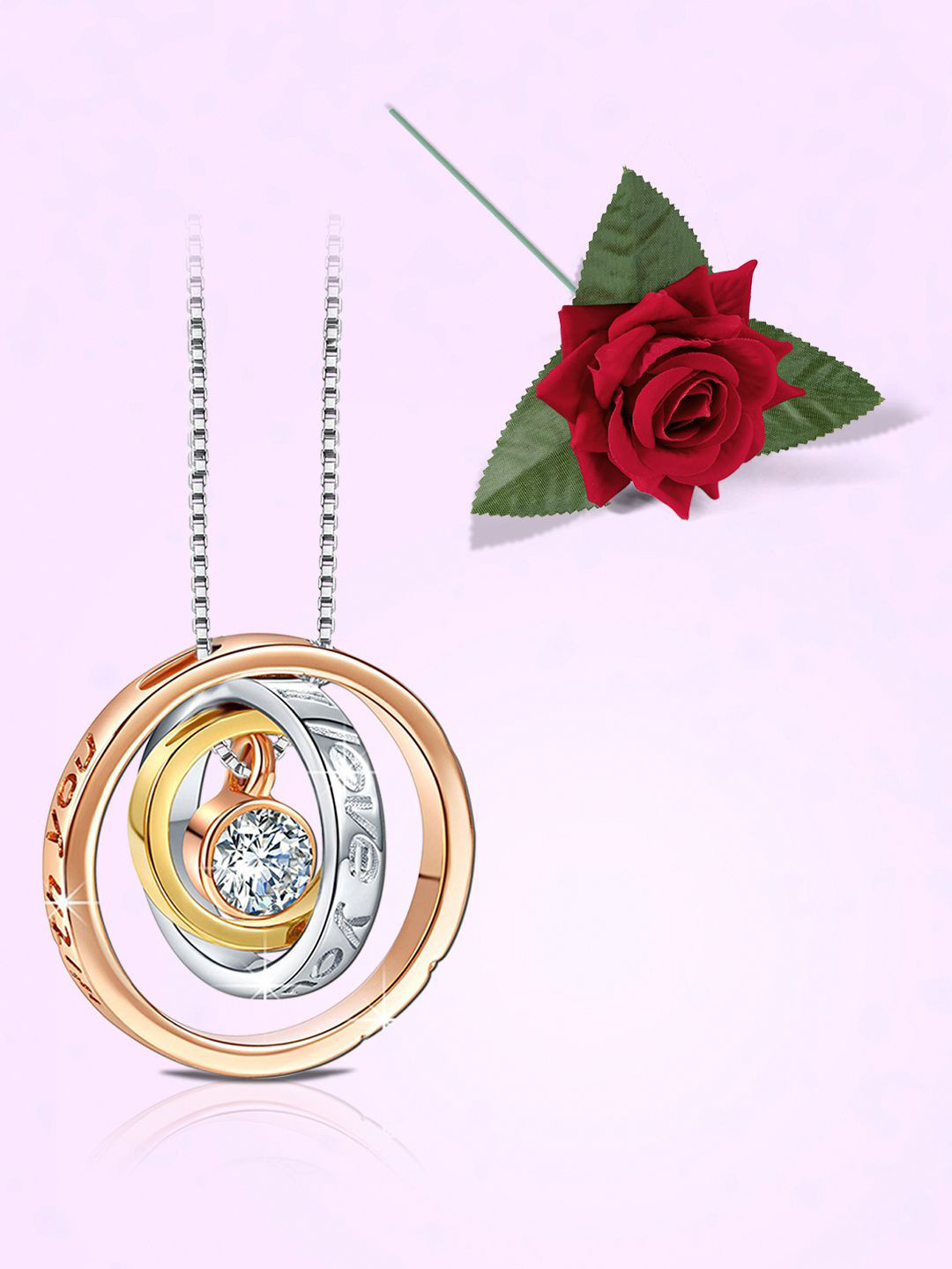 Peora Rose Gold-Plated Cubic Zirconia I Love You Mom Engraved Chain With Red Rose