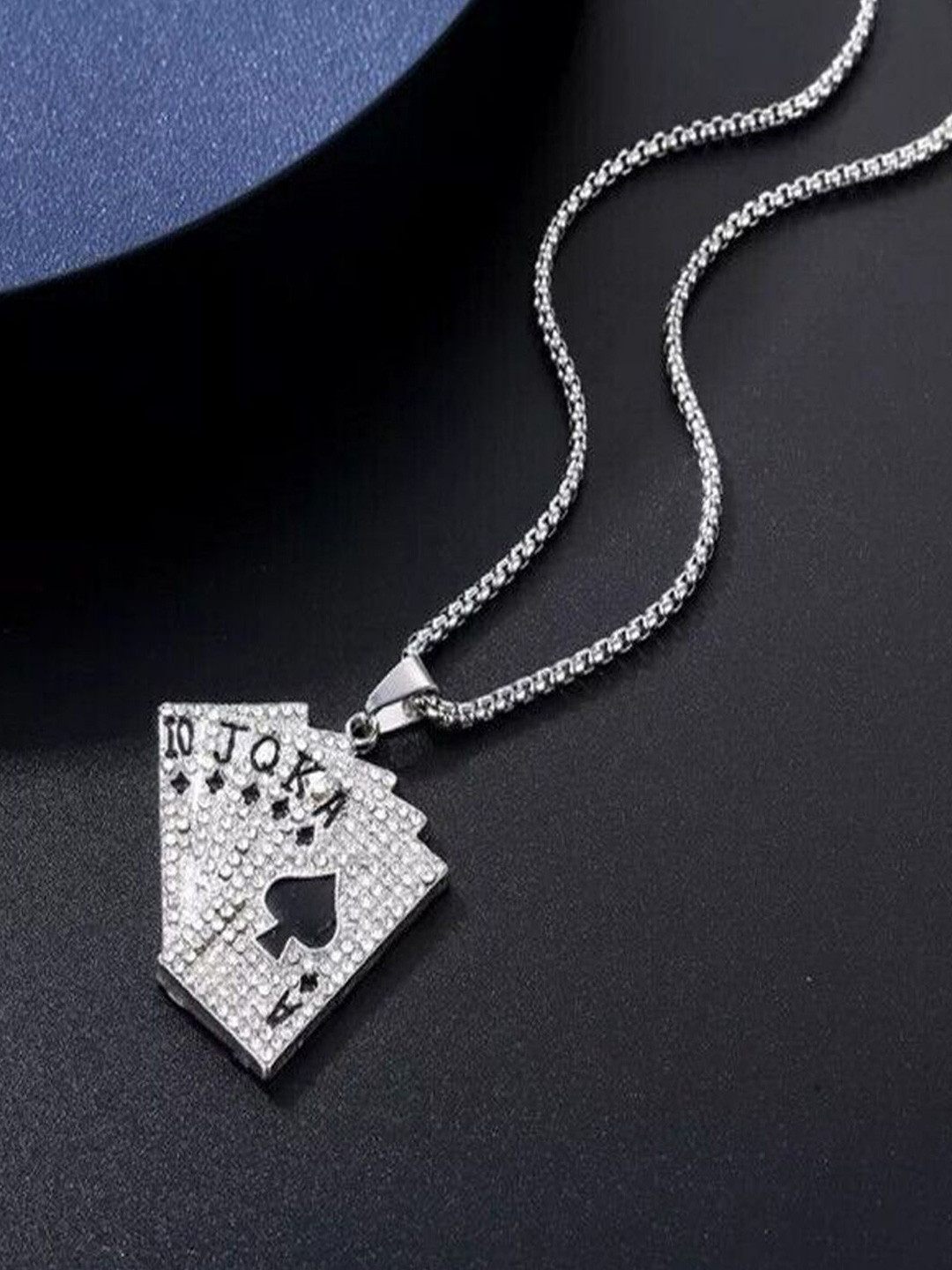KRENOZ Men Stainless Steel Silver-Plated Rhinestones Playing Card Pendant With Chain