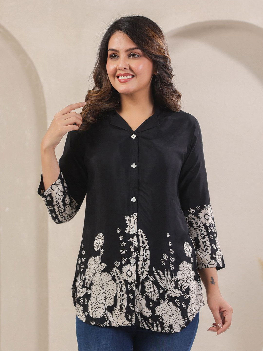 JISORA Women Black Printed Russian Silk Top