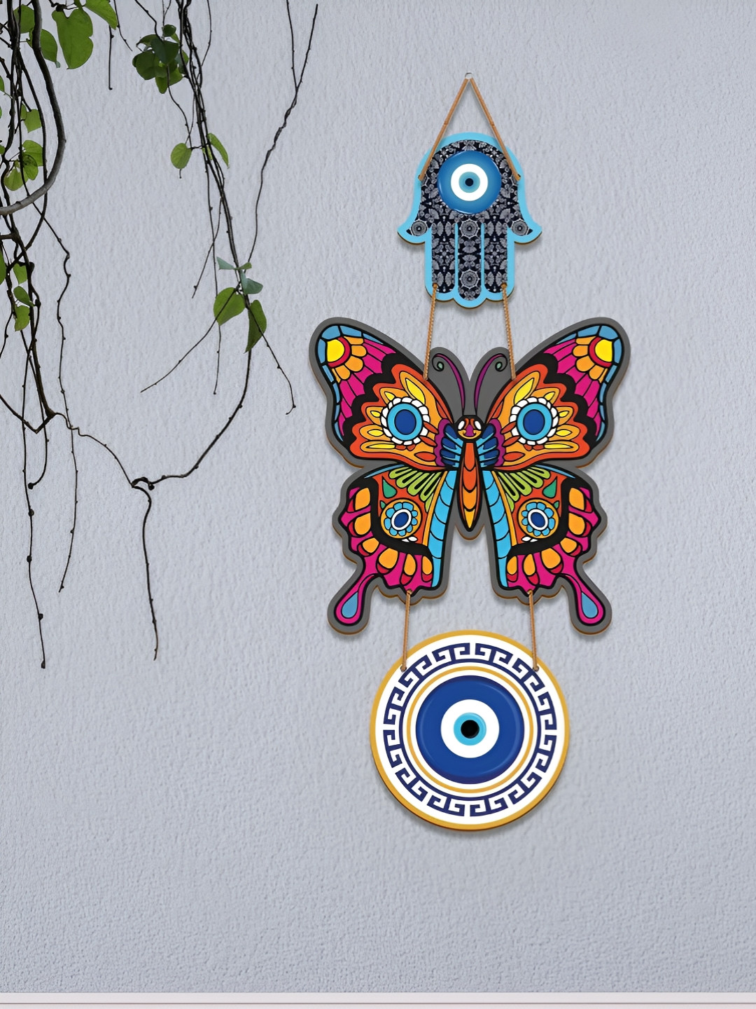 Homspurts Butterfly Evil Eye Wood Floral Glossy Hall Wall Hangings-16In