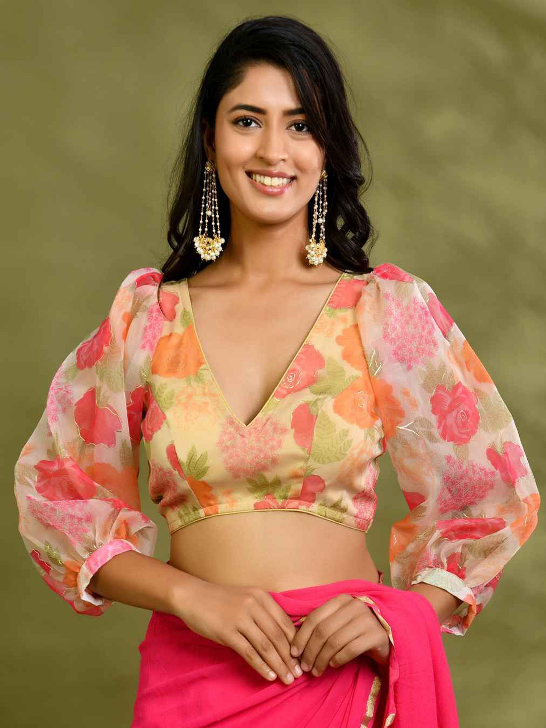 Amodini Designer Studio Printed Puff-Sleeve Designer Saree Blouse