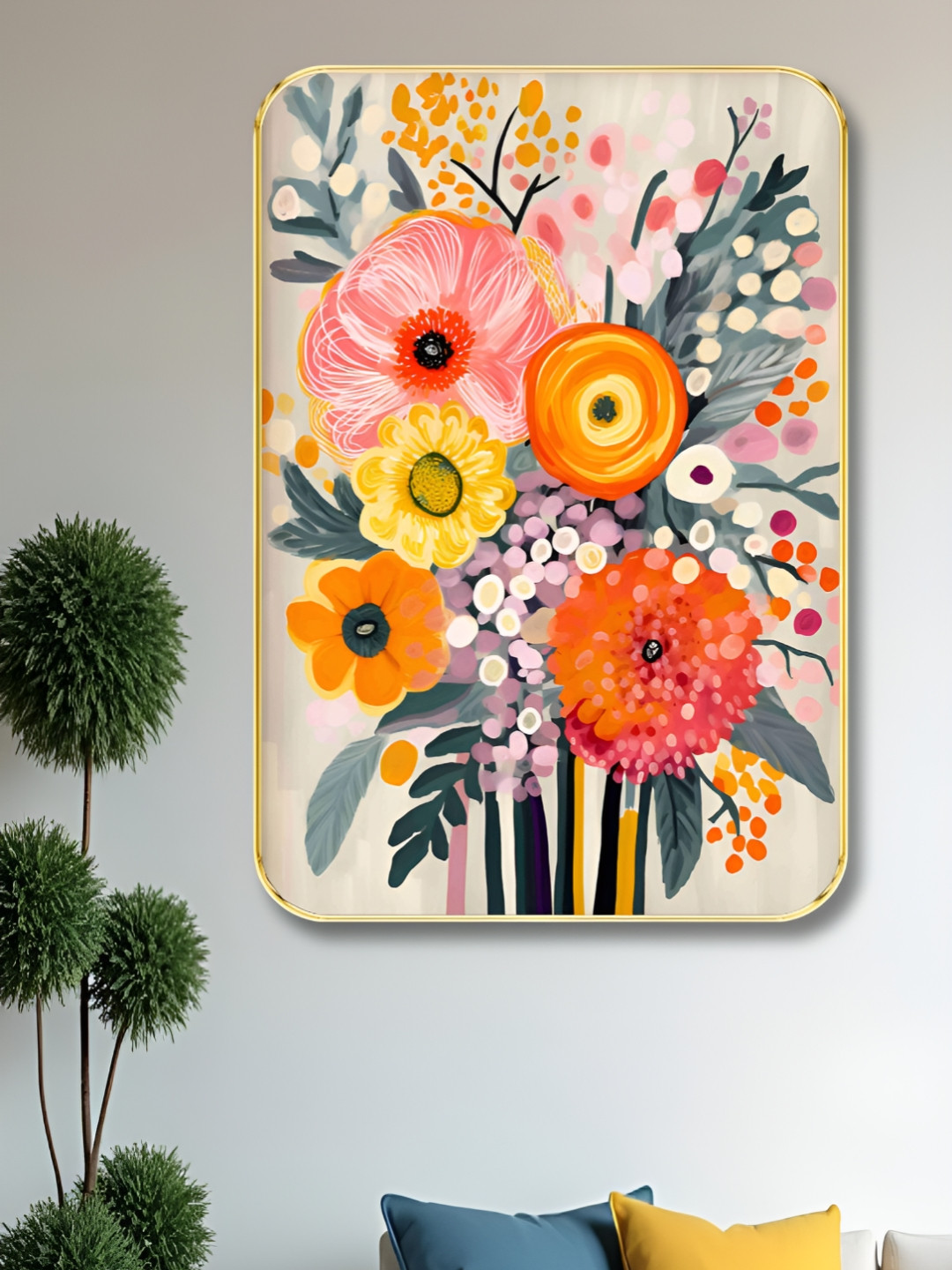 SAF Pink & Yellow Floral And Botanical Wooden Wall Art