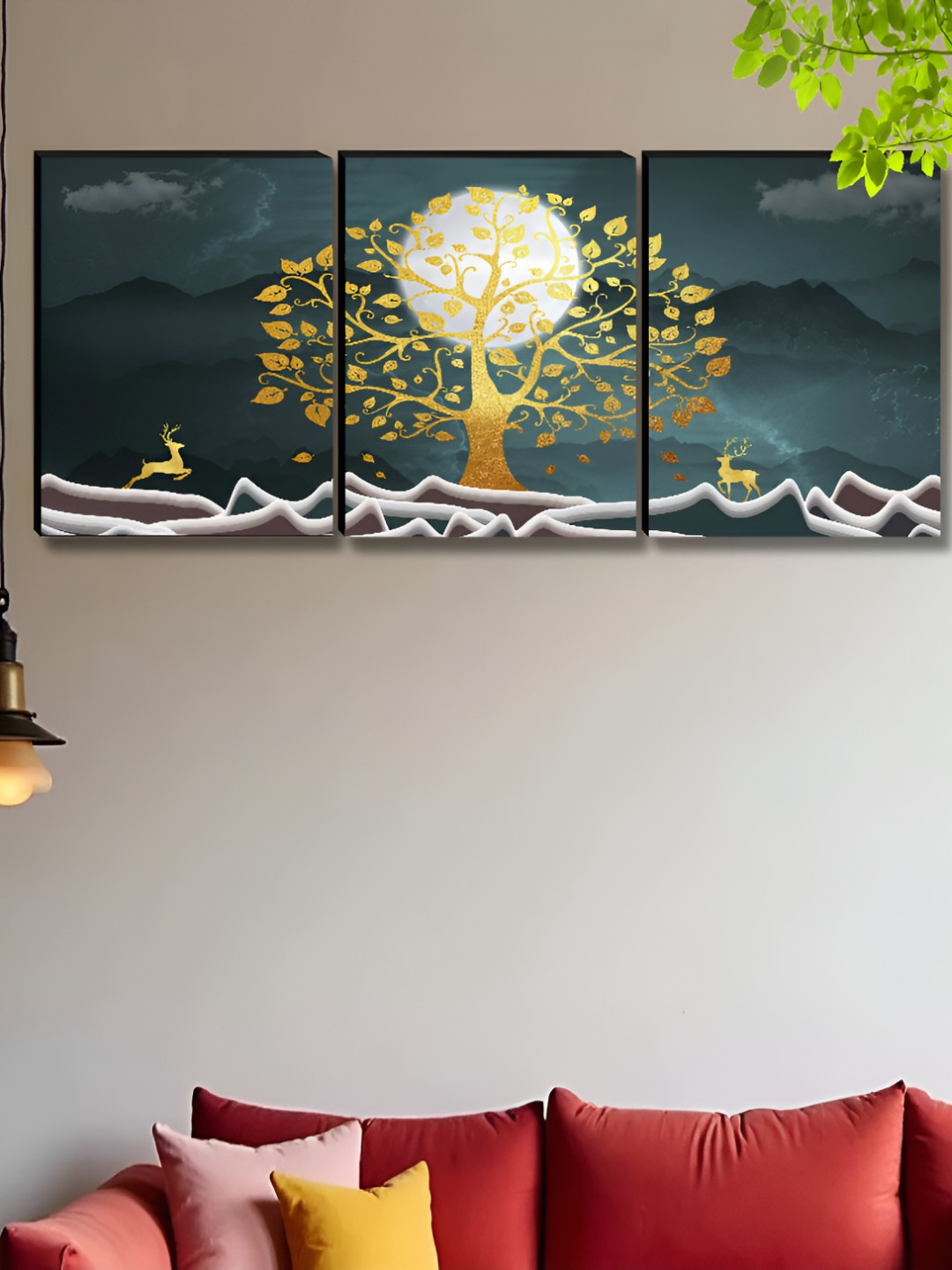 SAF Tree & Moon Wood 3 Piece Wall Rectangle Paintings Wall Art - 27 x 12 In