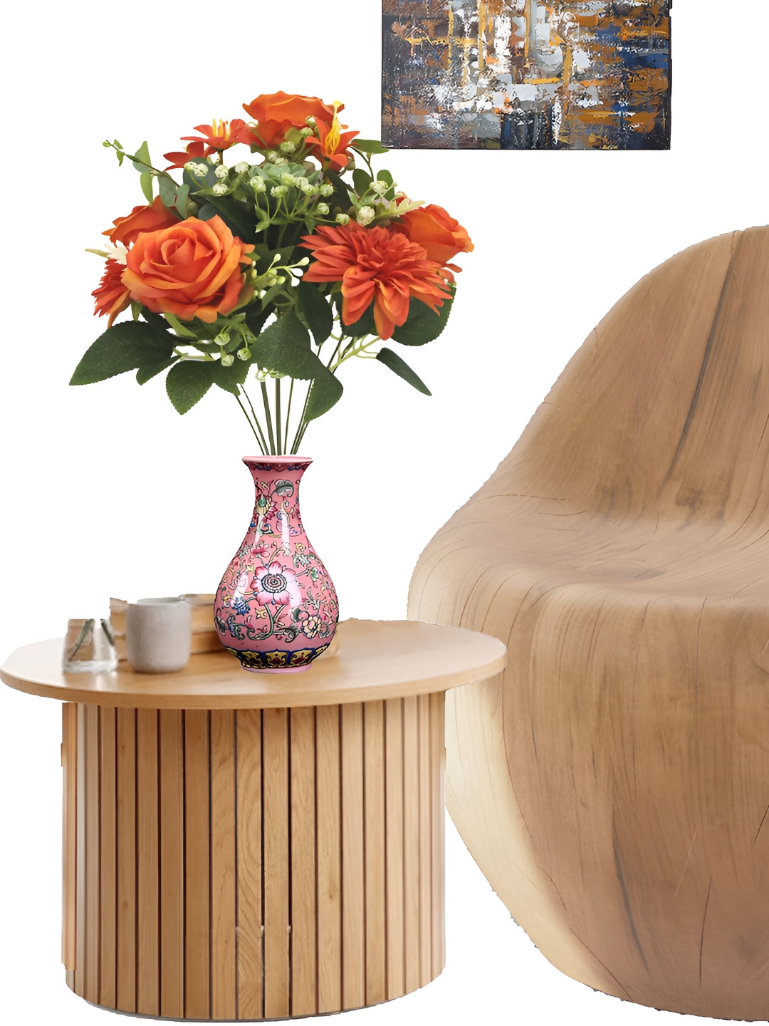 OGI INTERIORS Orange & Green Rose Artificial Flower