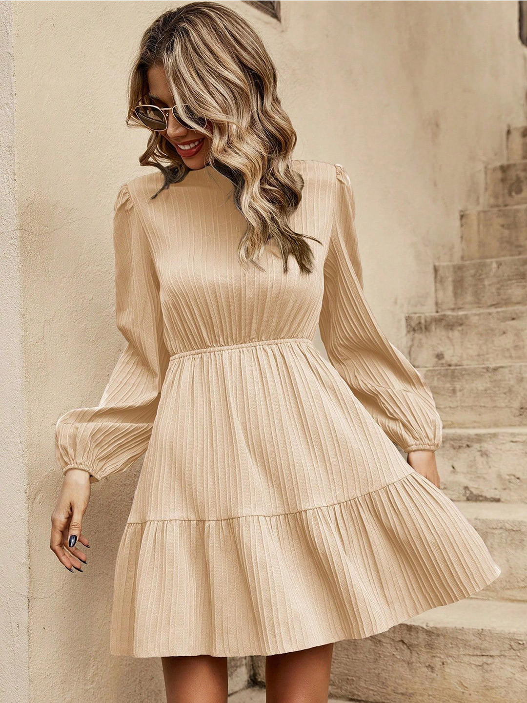 LERIYA FASHION Self Design High Neck Flounce Hem Fit & Flare Dress