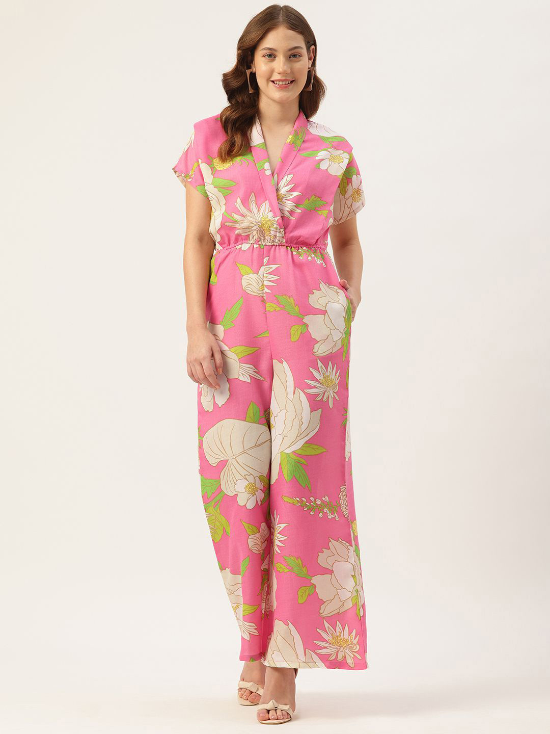 Sleek Italia Basic Short Sleeves Waist Tie-Ups Jumpsuit