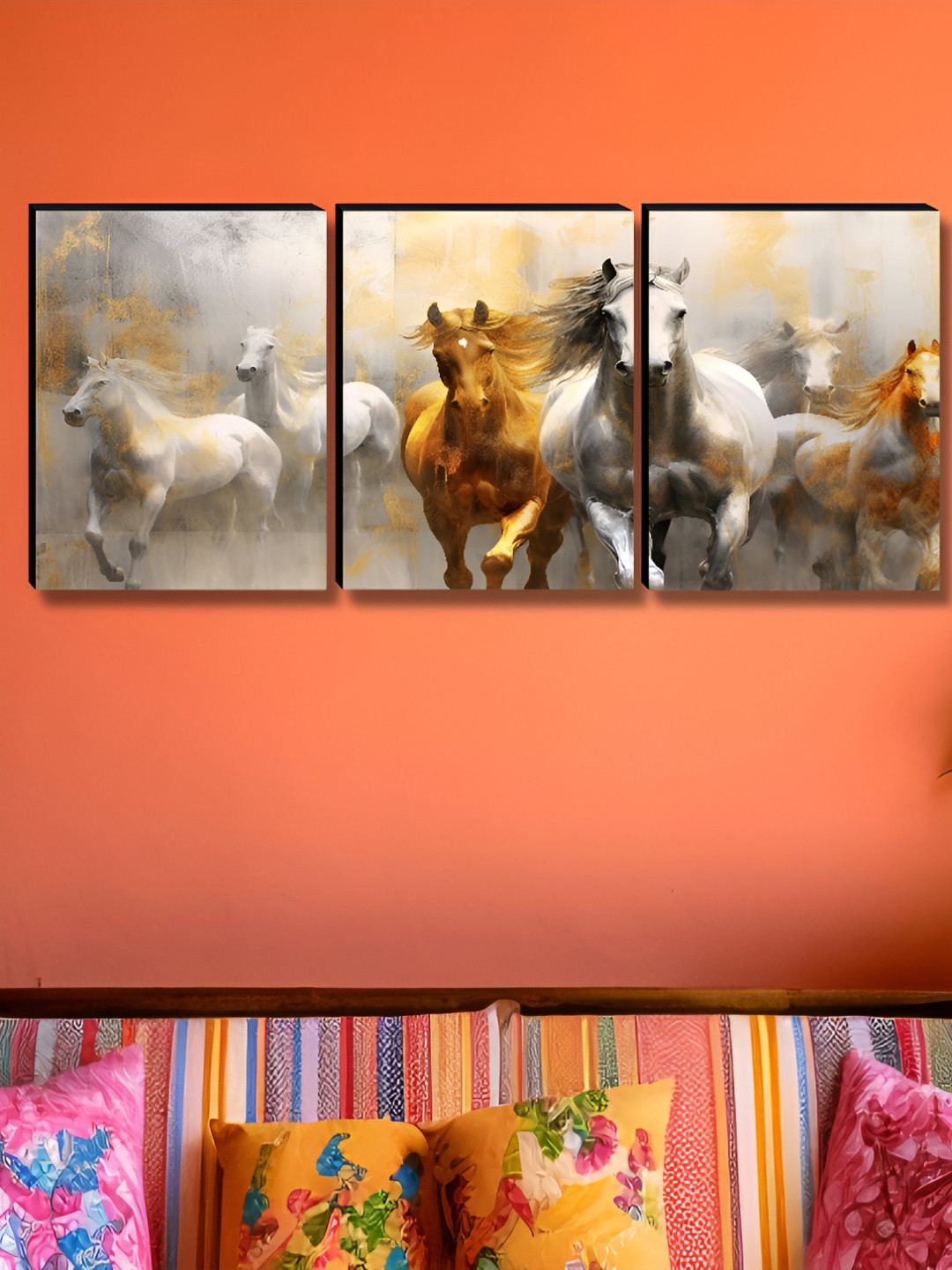 Aura Horse White Wood 3 Pcs Wall Living Room Rectangle Paintings Wall Art -12 x 27In