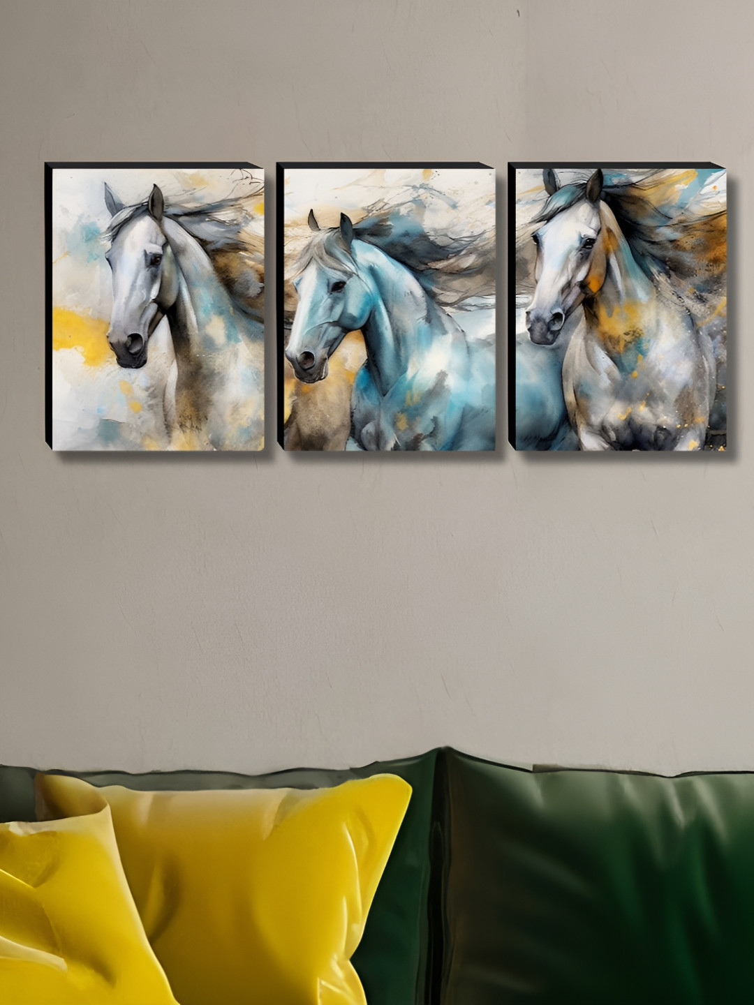 Aura White & Blue 3 Pieces Horses Printed Wooden Wall Paintings