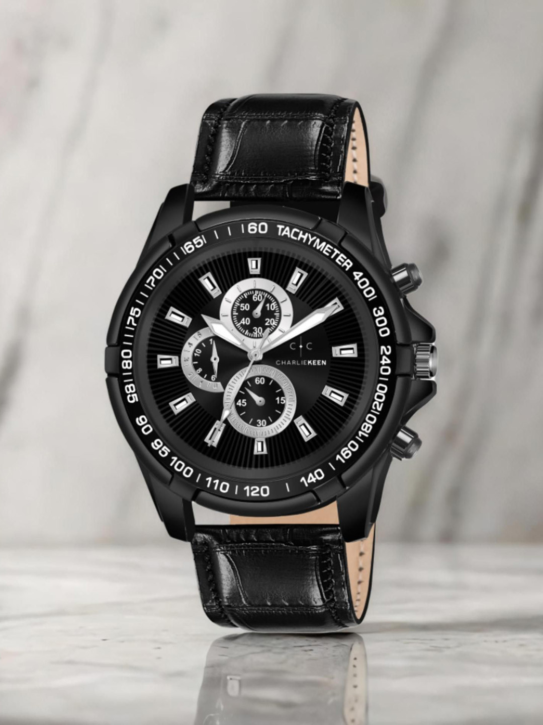 CHARLIEKEEN Men Brass Embellished Dial & Wrap Around Straps Watch CC-GR911-BLK-BLK