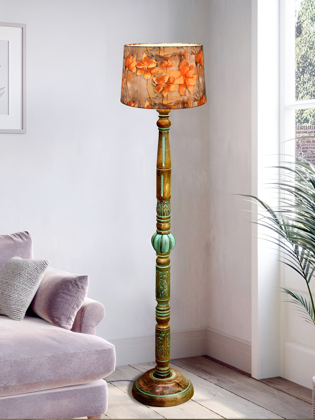 Homesake Royal Carving Red Printed Antique Algae Finish Wooden Floor Lamp With Shade