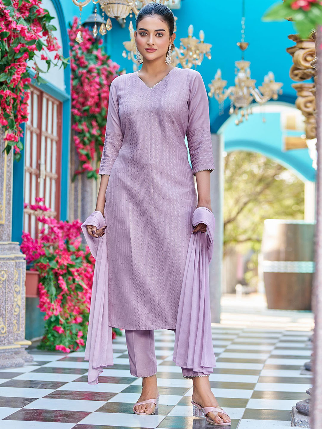 Moda Rapido Purple Floral Embroidere Pure Silk Straight Kurta With Trousers & Dupatta
