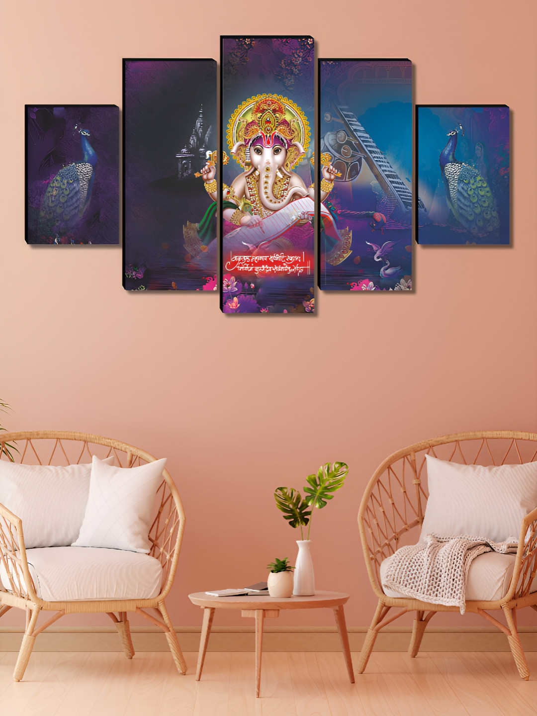 SAF Lord Ganesha Wood 5 Pcs Wall Living Room Rectangle Paintings Wall Art -76.20 x 45.72In