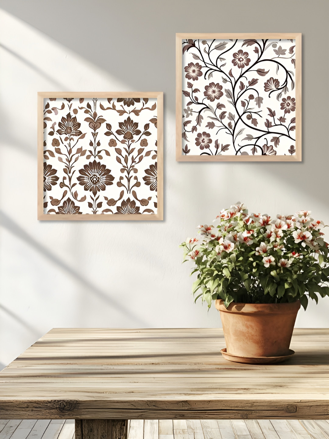 WALLLANE Brown Wood 2 Pcs Wall Living Room Square Paintings Wall Art -10.24 x 10.24In