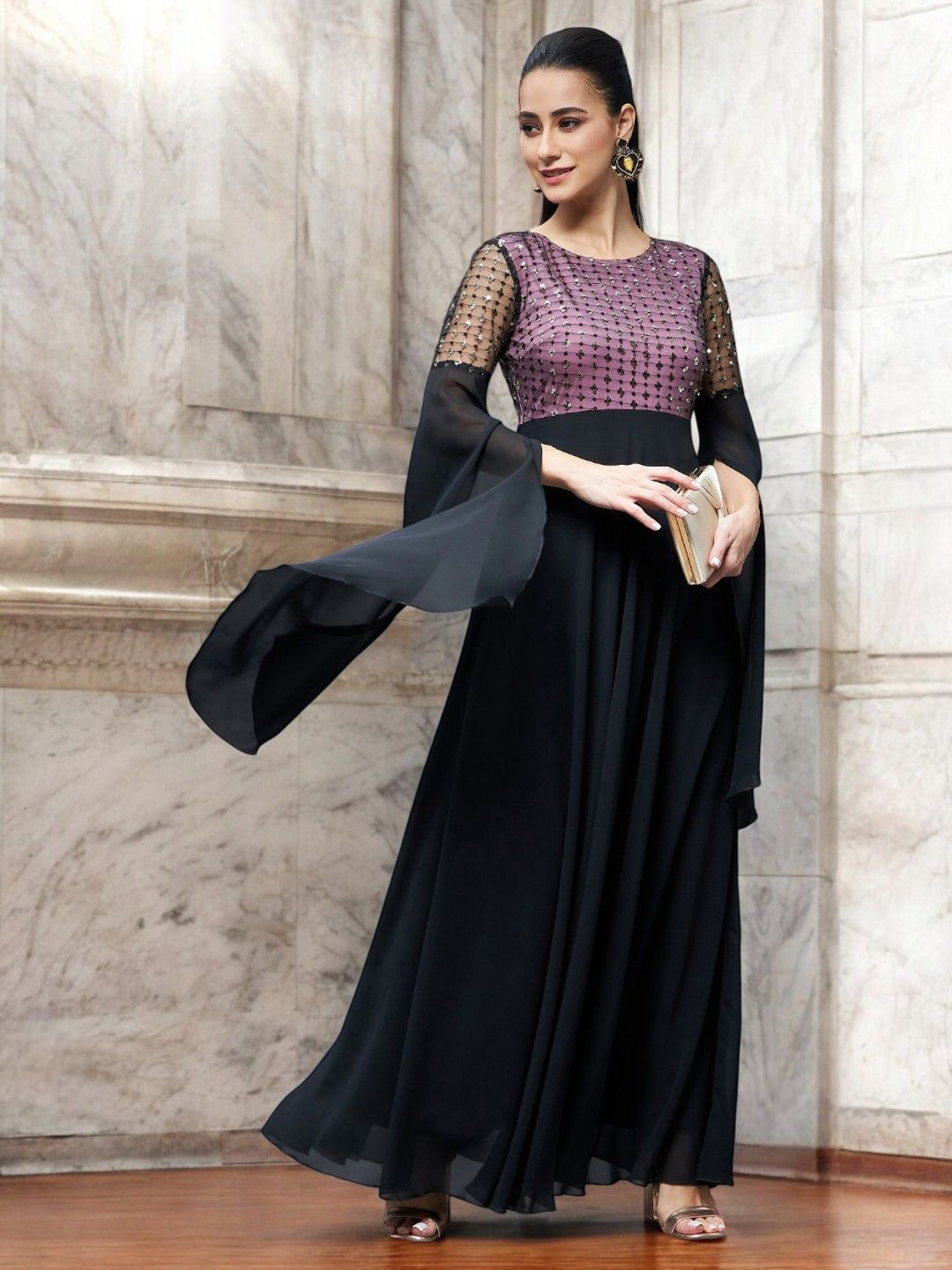 Miss Chase Embellished Bell Sleeve Gown Maxi Dress