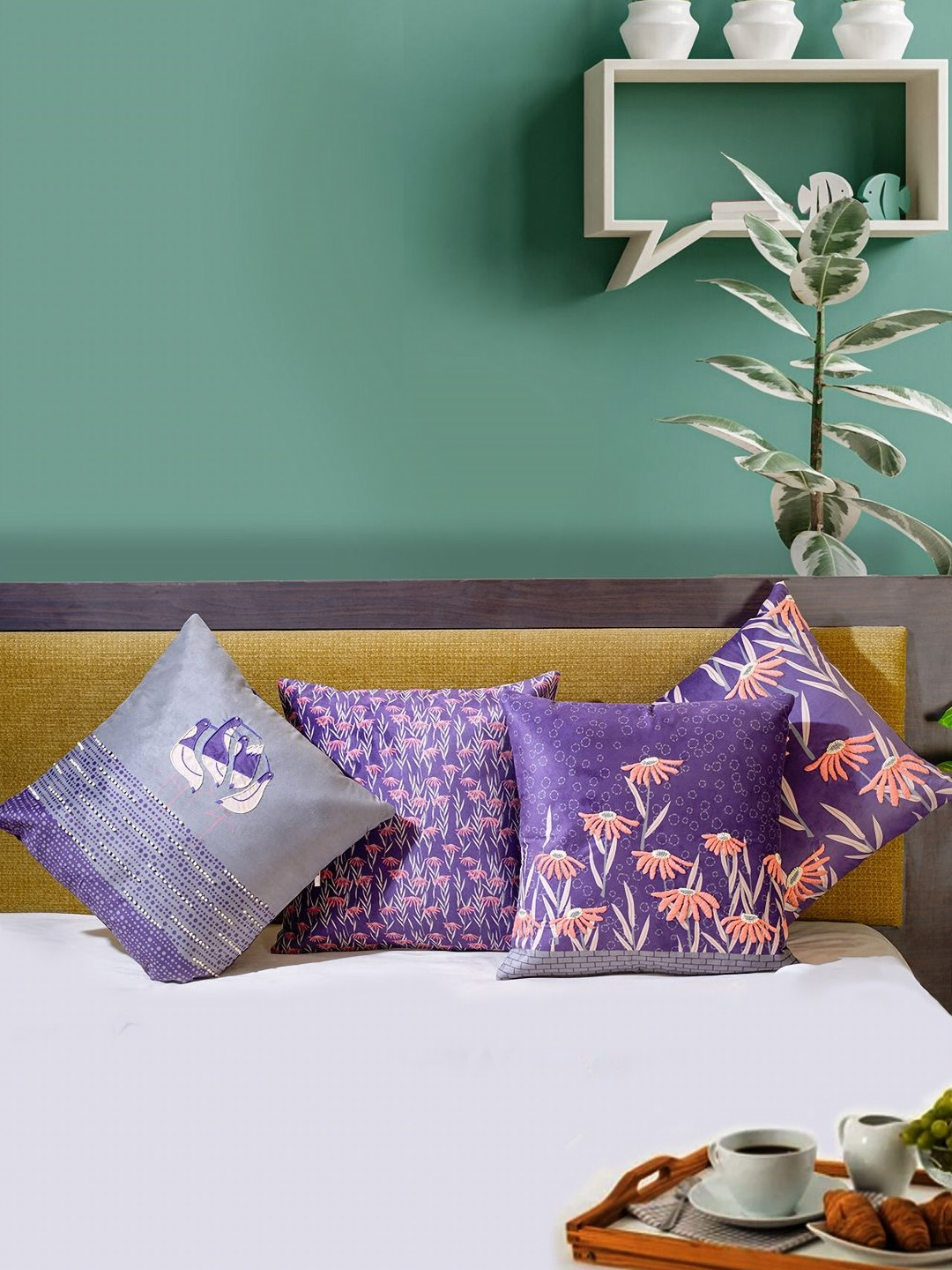 Mid July Home Moonlit & Garden Floral Velvet 4 Pcs Embroidered Cushion Covers - 16x16In