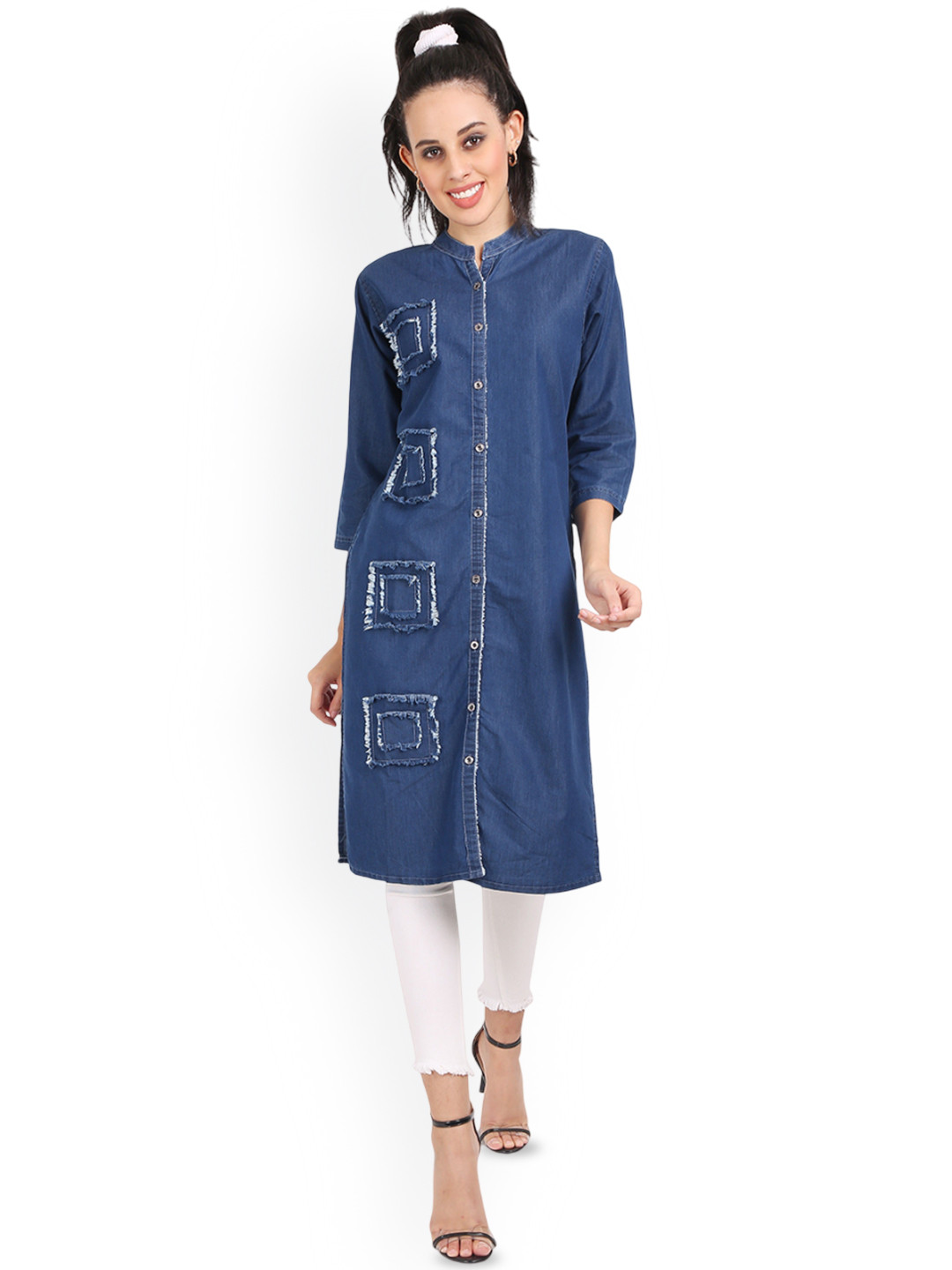 CEFALU Geometric Patchwork Mandarin Collar Denim Straight Kurta