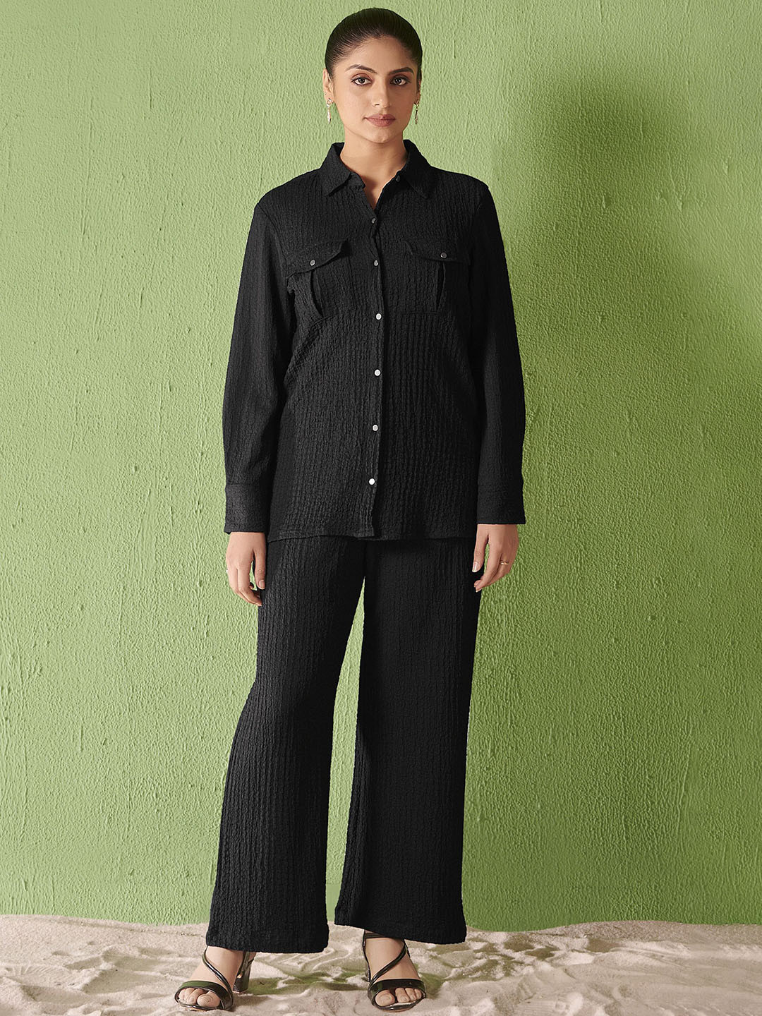 Anouk Self Design Long Sleeves Shirt With Trouser