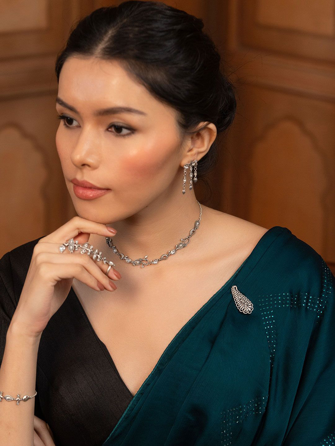 SHAYA 925 Silver Artificial Stones Studded Paisley Motif Oxidised Brooch