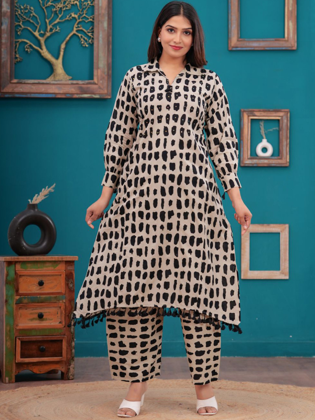 JC4U Abstract Printed Pure Cotton Shirt CollarA-Line Tunic With Trousers