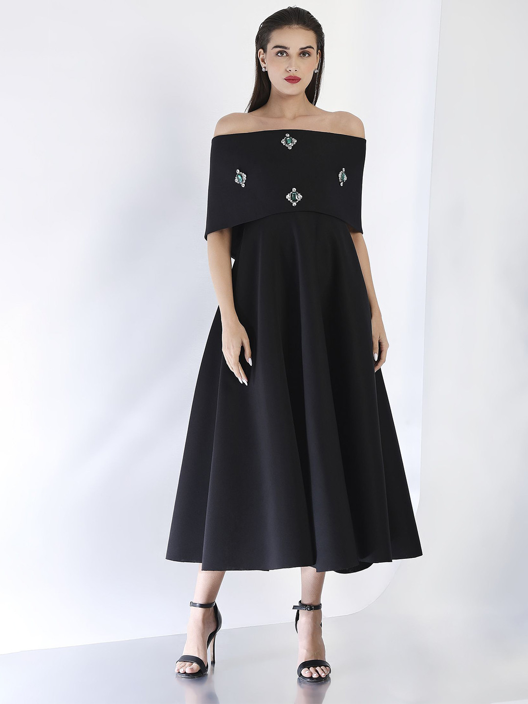 OZEQO Scuba Off-Shoulder Emerald Studded Fit & Flare Midi Dress