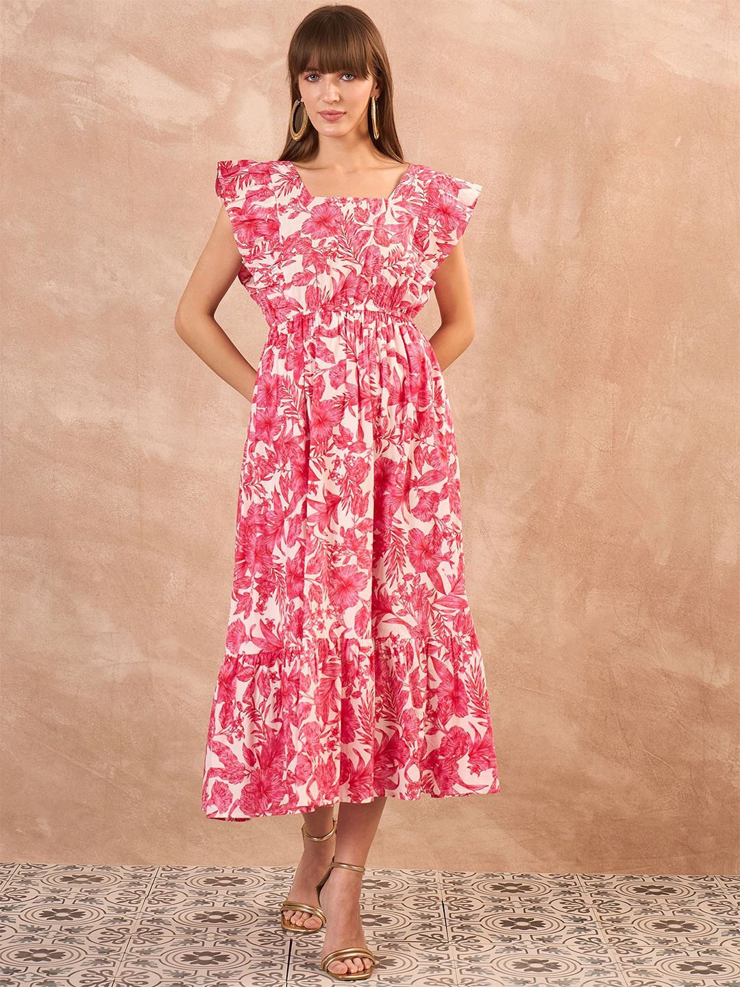 Routes by All About You Women Floral Print Square Neck Flutter Sleeve Fit and Flare Midi Dress