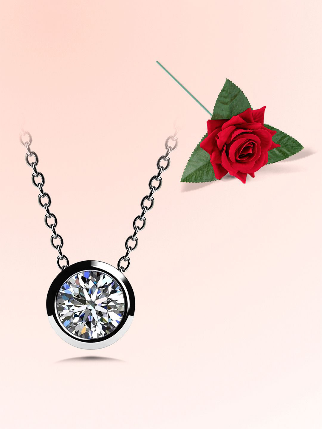 Peora Silver-Plated American Diamond Studded Minimal Chain With Red Rose