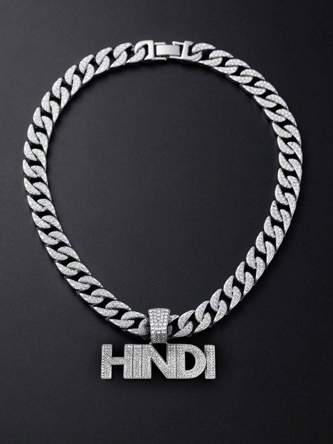 VAGHBHATT Men Silver-Plated Stainless Steel Rinestone Studded Hindi Pendant with Chain