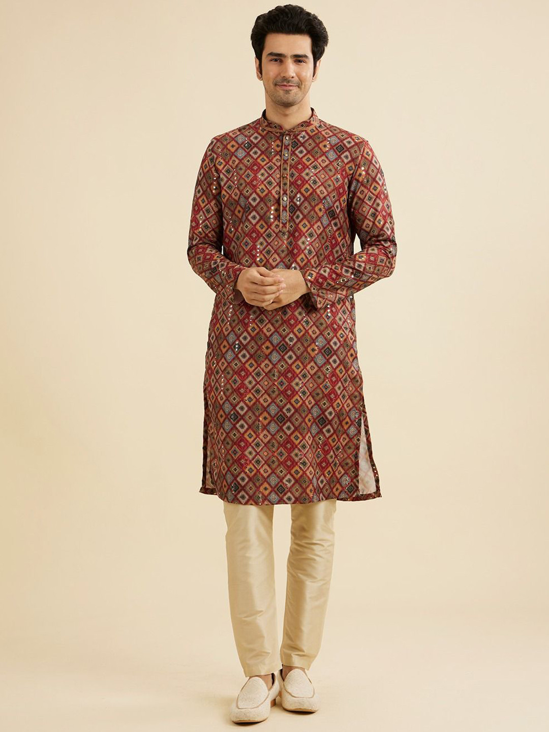 Manyavar Geometeric Printed Mandarin Collar Mirror Work Kurta With Pyjamas