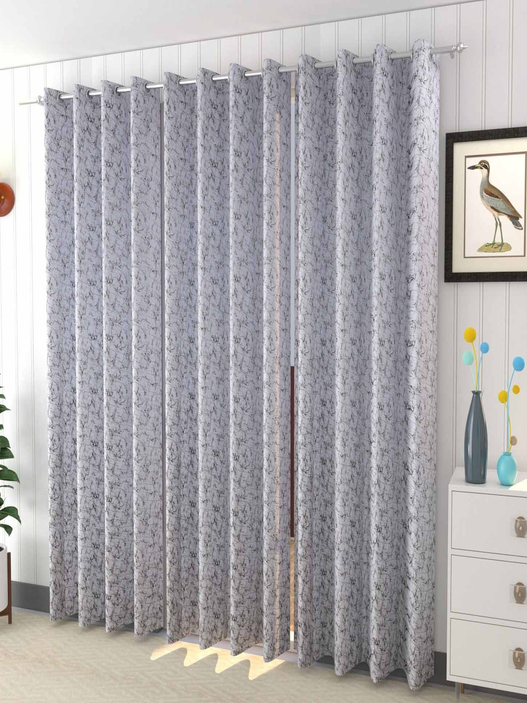 Galaxy Home Decor White and Grey 3 Pieces Abstract Printed Velvet Window Curtains
