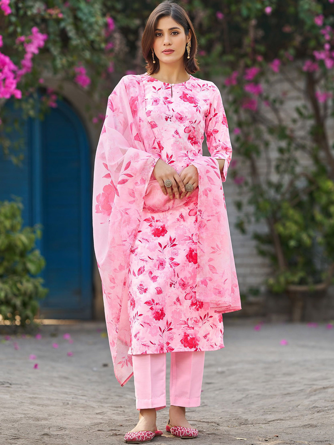 Moda Rapido Floral Printed Keyhole Neck Straight Kurta With Trouser & Dupatta