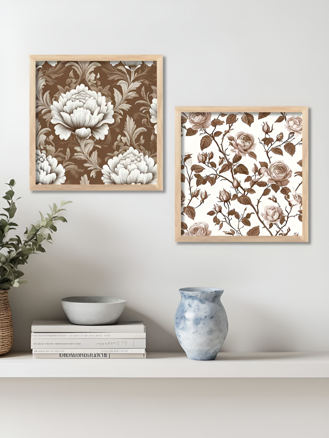 WALLLANE Traditional Wood 2 Piece Wall Rectangle Paintings Wall Art - 21 x 10 In