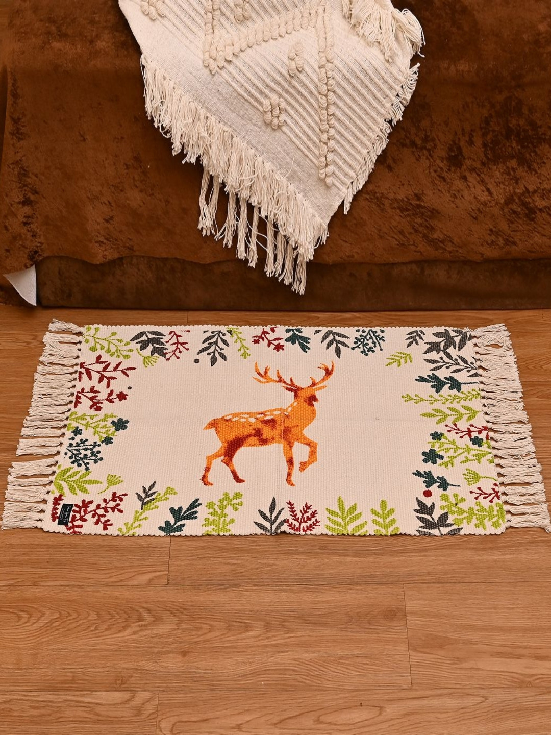 INDIAN HOME FAB White & Green Printed Cotton Floor Mat