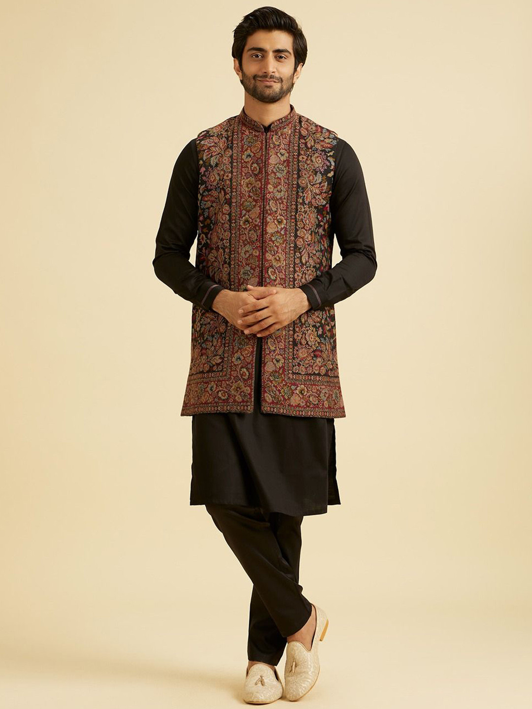 Manyavar Art Silk Thread Work Mandarin Collar Straight Kurta With Trousers And Jacket