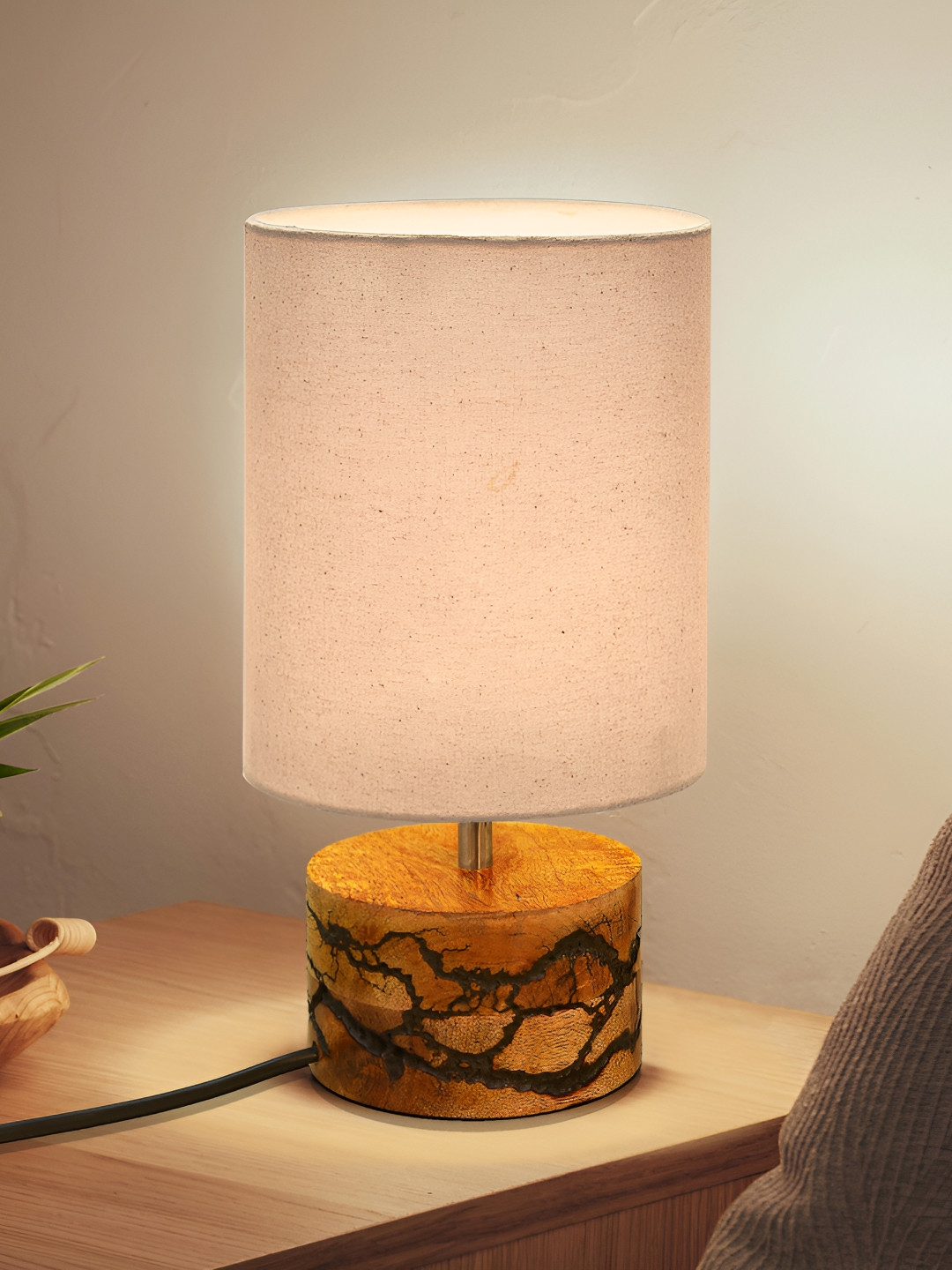 Homesake Cream Cylendrical Shaped Wooden Table Lamps